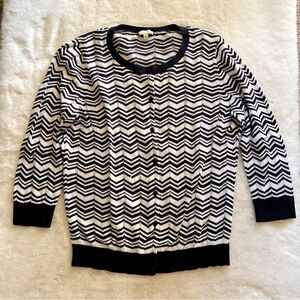 Talbots M sweater button down front zigzag dark blue stripe white 100% cotton